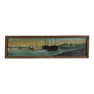 Antique Maritime Folk Art Seascape Still Life Original Framed Oil Painting, Blue, Green & Light Yellow For Sale