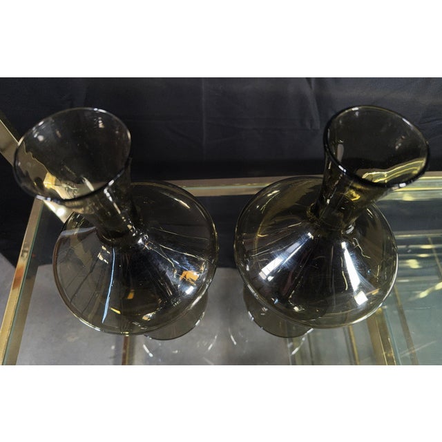 Vintage Balboa Venetian Smoked Glass Footed Decanters / Vases Handmade in Italy - A Pair For Sale In Providence - Image 6 of 9