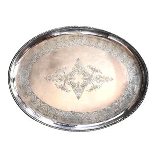 Victorian Engraved Silver Plate Large Oval Serving Tray For Sale