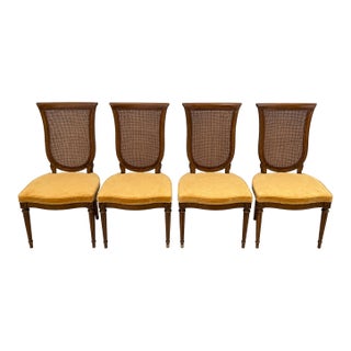 Set of 4 Vintage Neoclassical Cane Back Dining Chairs With Original Harvest Gold Upholstery For Sale