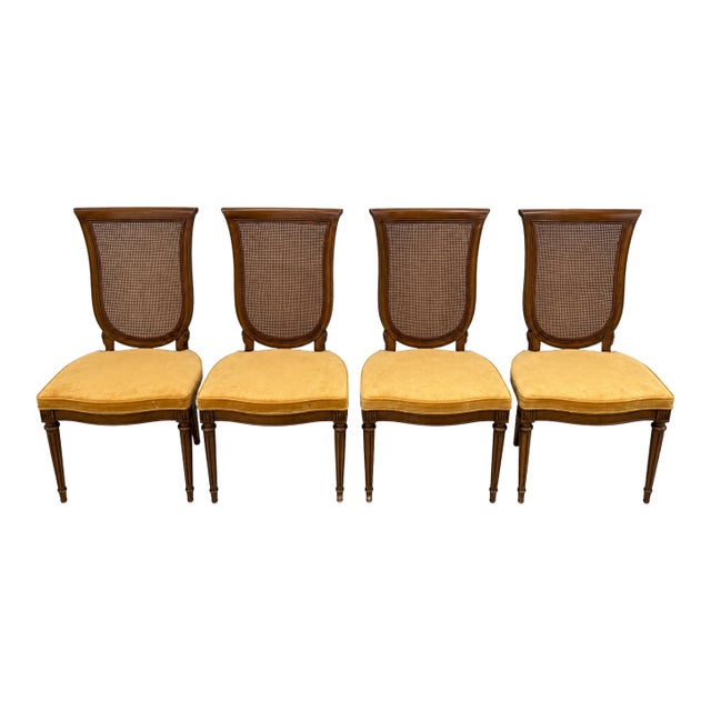 Set of 4 Vintage Neoclassical Cane Back Dining Chairs With Original Harvest Gold Upholstery For Sale