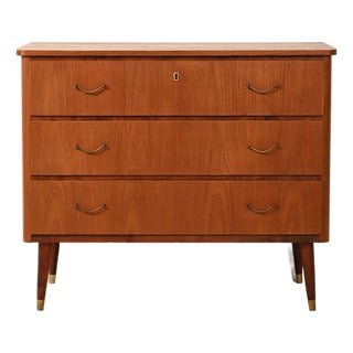 Scandinavian Chest of Drawers in Teak and Mahogany with Brass Inserts, 1950s For Sale