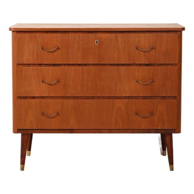 Scandinavian Chest of Drawers in Teak and Mahogany with Brass Inserts, 1950s For Sale
