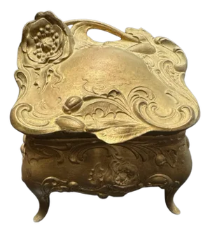 Mid 20th Century Antique Victorian Style Floral Embossed Gilt Metal Jewel Casket Box