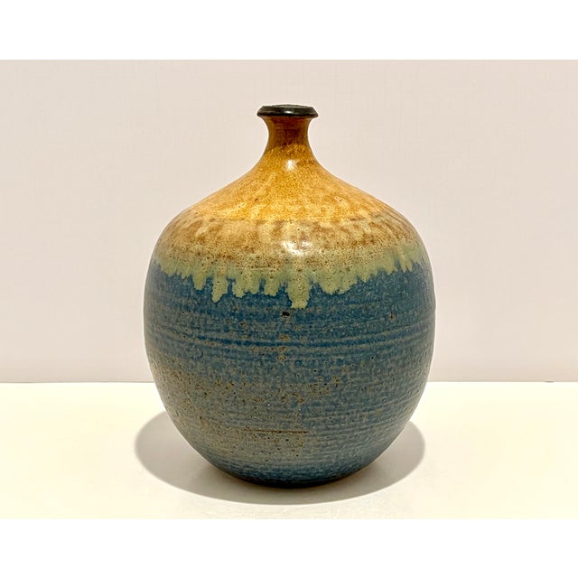 Vintage 1971 Signed Chi Studio Pottery Bottle Vase Blue Amber Drip Glaze For Sale In Detroit - Image 6 of 6