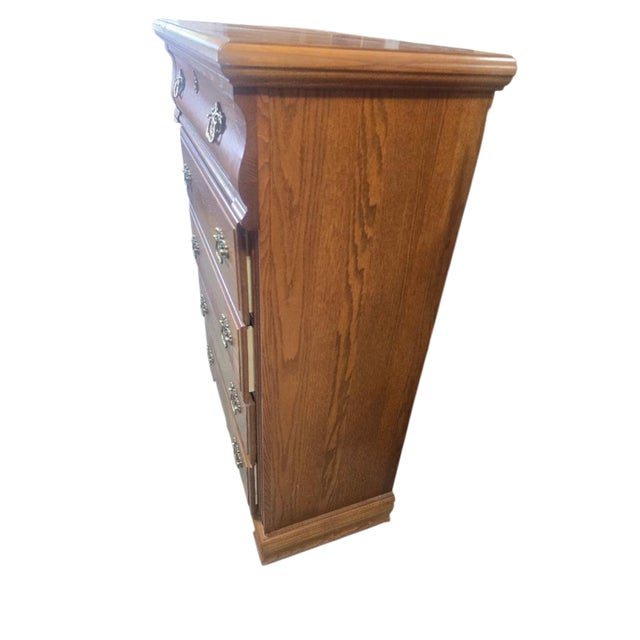 Brown Vintage Vaughan-Bassett Oak Five-Drawer Highboy Chest For Sale - Image 8 of 8