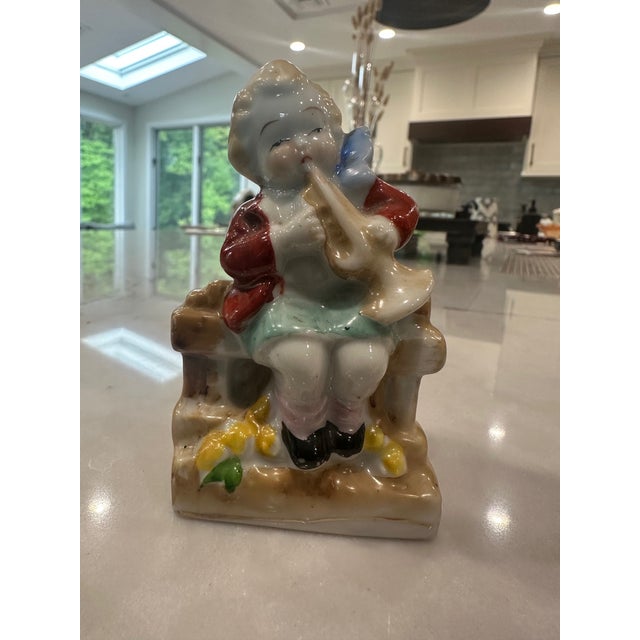 Vintage Occupied Japan Pair of Figurines Playing Instruments For Sale - Image 4 of 11