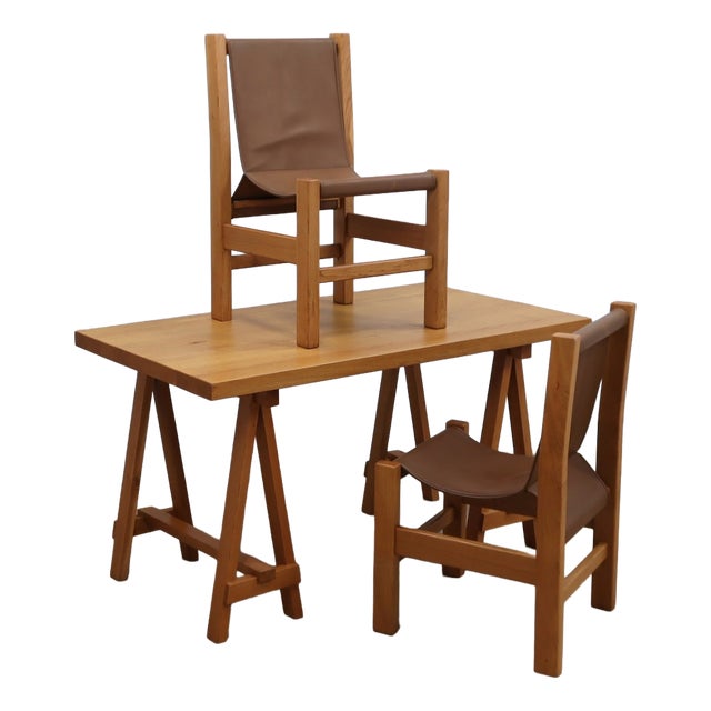 Trestle Beech Writing Desk with Leather Chairs, Italy, 1970s, Set of 3 For Sale