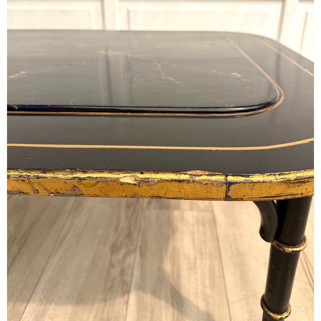 Chinoiserie English Faux Bamboo Black Lacquer & Gilt Coffee Table, Signed Zoltowski For Sale - Image 13 of 15