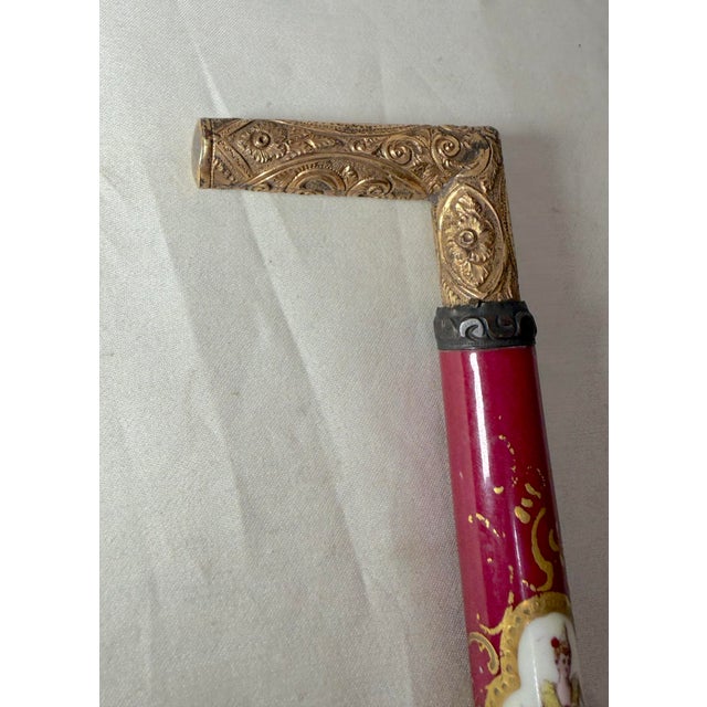 Antique 1800's Victorian Yellow Gold Filled Wood Porcelain Walking Stick Cane For Sale - Image 15 of 17