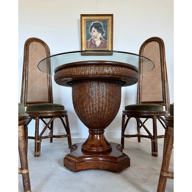 1980s Woven Reed + Faux Leather Center Dining Table After Tommy Bahama 36" Glass Top For Sale - Image 5 of 17
