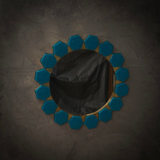 Art Deco Wall Mirror in Murano Blue Glass and Brass, 2000 For Sale - Image 10 of 11
