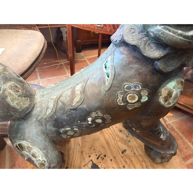 1950s Large 44 Inch High Asian Bronze Foo Dog Statue With Shell Stone Inlay For Sale - Image 9 of 10