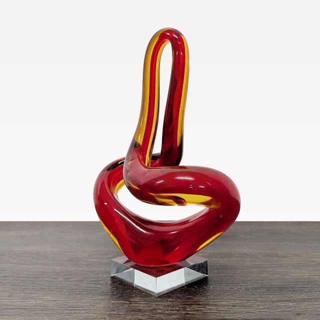 Abstract Modern Abstract Red and Amber Glass Sculpture on Clear Base For Sale - Image 3 of 7