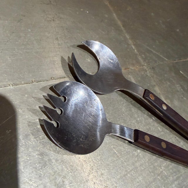 Vintage Mid-Century Modern Salad Server Spoons Stainless Wood Japan For Sale - Image 4 of 6