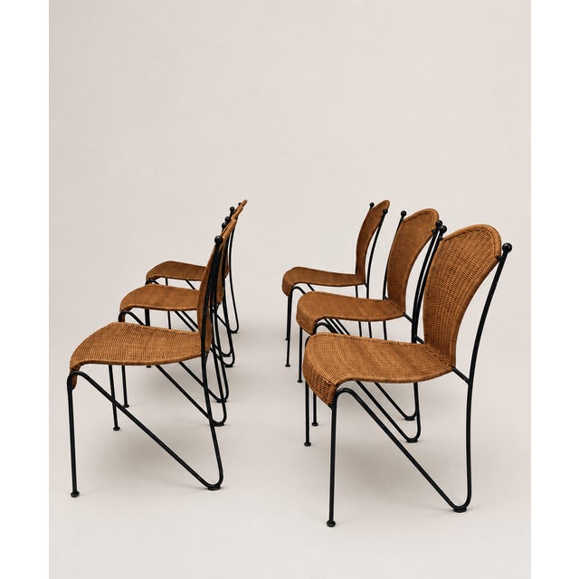 Mid-Century Wicker and Iron Dining Chairs attributed to Frederic Weinberg, 1950s, Set of 6 For Sale - Image 3 of 16