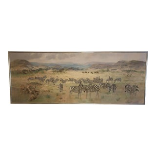 Late 20th Century Huge (9 Feet by 3 Feet) African Savannah Painting Featuring Zebra, Cheetah Lion. Wildebeest For Sale
