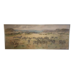 Late 20th Century Huge (9 Feet by 3 Feet) African Savannah Painting Featuring Zebra, Cheetah Lion. Wildebeest
