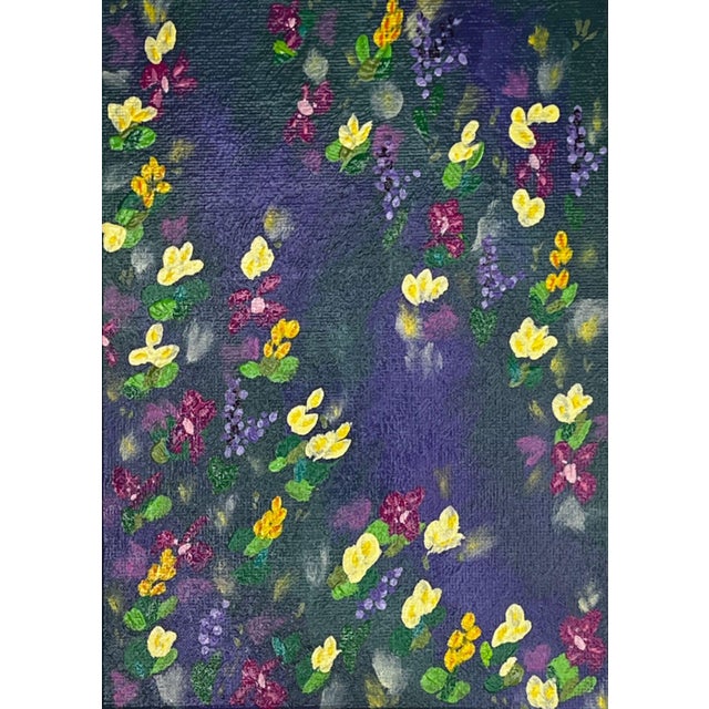 "Purple Scene Flowers" Multi-Color Floral Wall Art Acrylic Painting 5" X 7" For Sale - Image 6 of 7