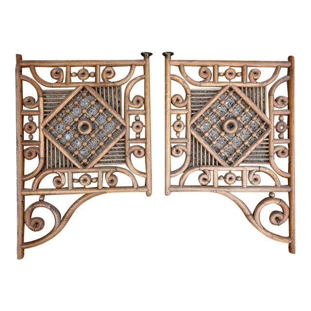 Antique 1800s Victorian Stick and Ball Architectural Fretwork Corner Corner Brackets With Brass Hardware For Sale