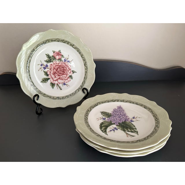 Ceramic Early 21st Century Sage Green With Flowers “Vintage Garden” Plates- Set of 4 For Sale - Image 7 of 12