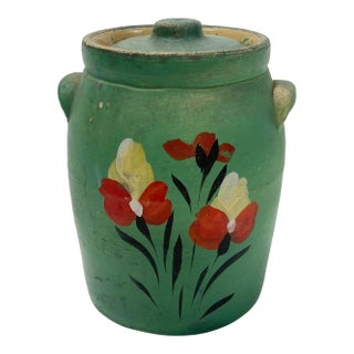 Antique Hand-Painted Green Floral Motif Lidded Crock For Sale