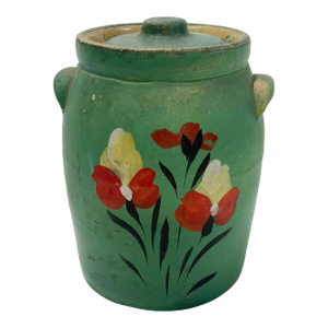 Antique Hand-Painted Green Floral Motif Lidded Crock