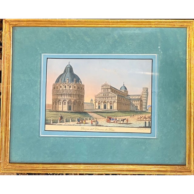 !9th Century Antique Italian Engravings in Gilt Wood Frames and Pretty Blue Mats For Sale - Image 4 of 14