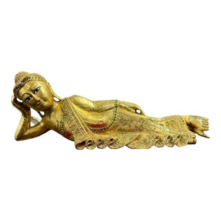 Hand Carved Reclining Buddha Giltwood For Sale