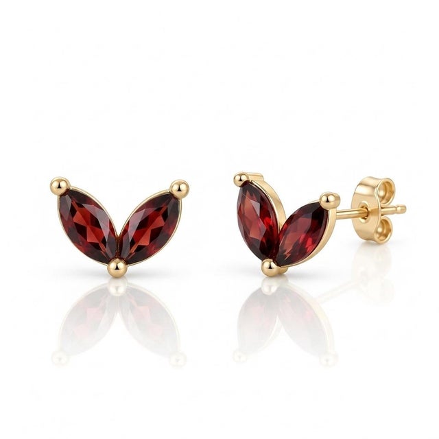 Contemporary Natural Garnet Stud Earrings | Dainty 18k Gold Plated Minimalist Studs | January Birthstone Gift for Women - A Pair For Sale - Image 3 of 4