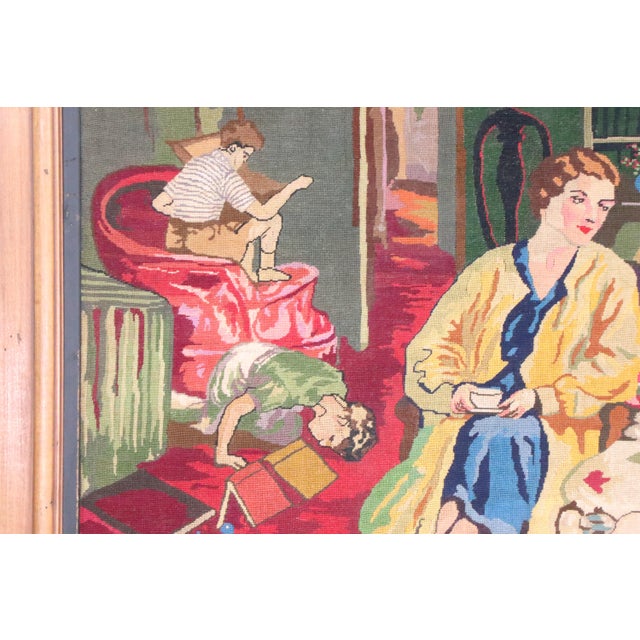 Wood Victorian Style Framed Needlepoint Depicting a Family Parlor Scene For Sale - Image 7 of 9