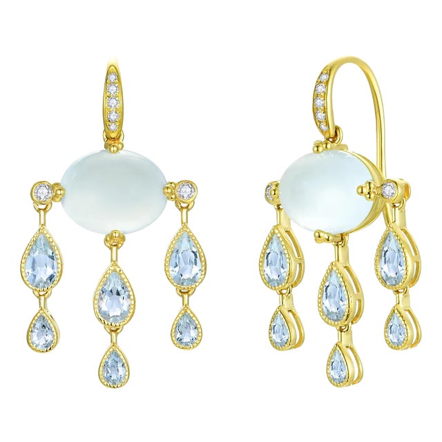 Nina Zhou Rainy Day Aquamarine Diamond Chandelier Drop Earrings in 14k Yellow Gold - A Pair For Sale