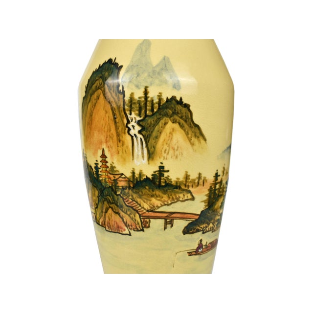 Mustard Mid 20th Century Tall Mustard Yellow Crackle Glazed Hand Painted Shan Shui Landscape With Calligraphy Poem Porcelain Vase For Sale - Image 8 of 11
