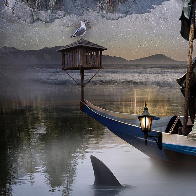 Terra Incognita presents a surreal landscape where a figure clad in nature-inspired attire navigates a serene lake aboard...
