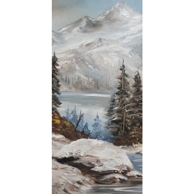 1980s Forest & Snow Capped Mountain, Vintage Oil Painting Melville 28" For Sale - Image 4 of 11