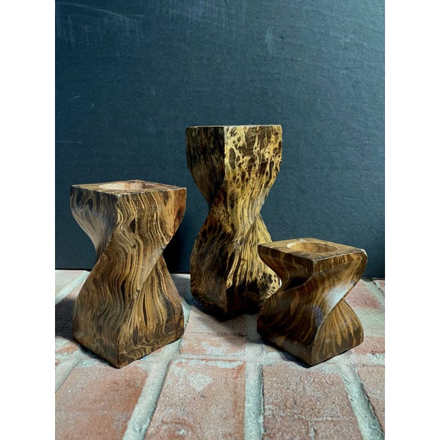 Mid-Century Modern Twisted Faux Tortoise Painted Wood Candle Holders - Set of 3 For Sale - Image 3 of 13