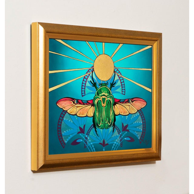 Contemporary Khepri by Rhonda Libbey | Oil and 24 karat gold leaf on panel Beetle with sun and geometric patterns. For Sale - Image 3 of 3