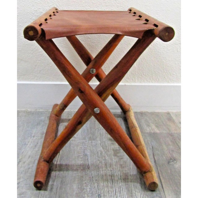 Mid-Century Modern Vintage Danish Modern "Guldhøj" Teak Cognac Leather Folding Stool Poul Hundevad For Sale - Image 3 of 9