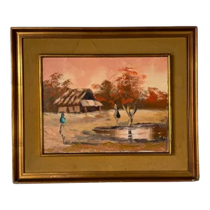 60's Vintage Tribal Village Landscape Oil Painting, Framed