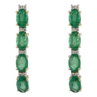 3.45ct Dark Green Emerald Art Deco 14k Gold Earrings With Diamond- A Pair For Sale