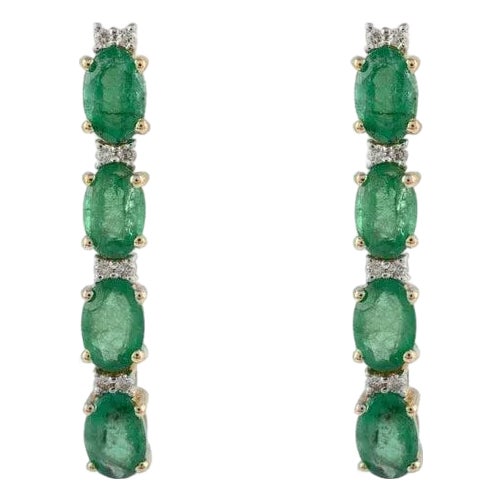 3.45ct Dark Green Emerald Art Deco 14k Gold Earrings With Diamond- A Pair For Sale