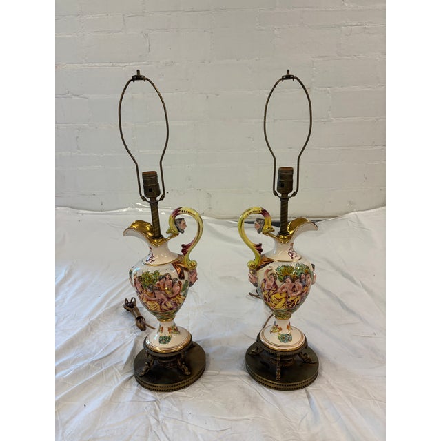 Mid 20th Century Mid 20th Century Pair of Italian Capodimonte Style Hand-Painted Figural Urn Table Lamps For Sale - Image 5 of 8
