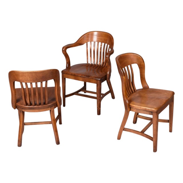 Group of 3 Solid Wood Bankers or Library Chairs Early 20th Century For Sale