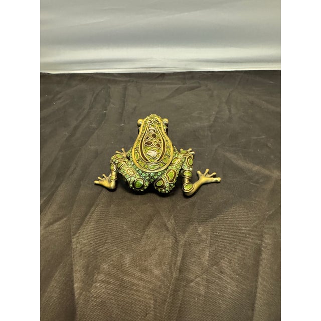 Vintage Two's Company Crystal Enamel Pewter 3” Frog Trinket Box Green Red Eyes For Sale - Image 4 of 11