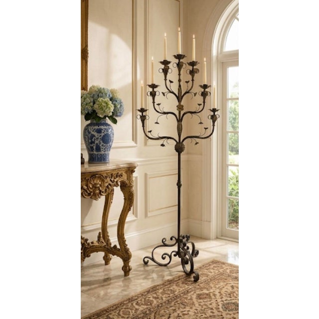 64-Inch Spanish Revival Wrought Iron Nine-Light Tree Form Floor Candelabra For Sale - Image 12 of 12