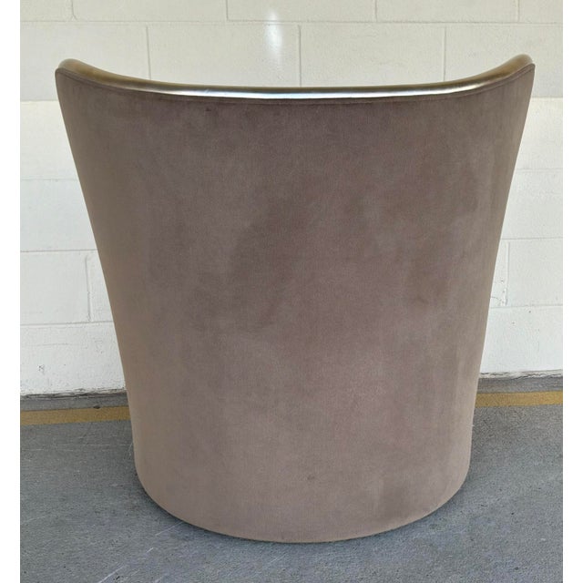 Original retail $6480, stylish Caracole Modern Taupe Velvet Mariposa Swivel Chairs Pair, silver wood frames, showroom...