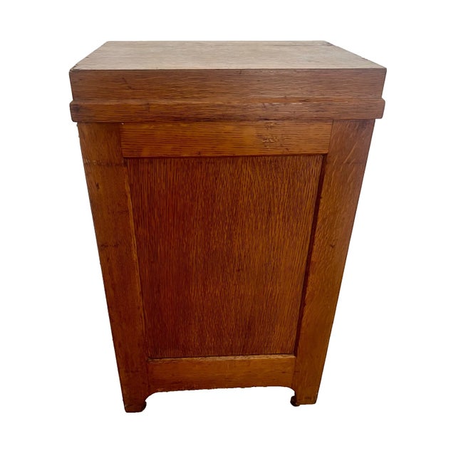 1910s Antique File Cabinet Tilt Open Top Index Card Drawers Paneled Sides Casters For Sale - Image 4 of 12