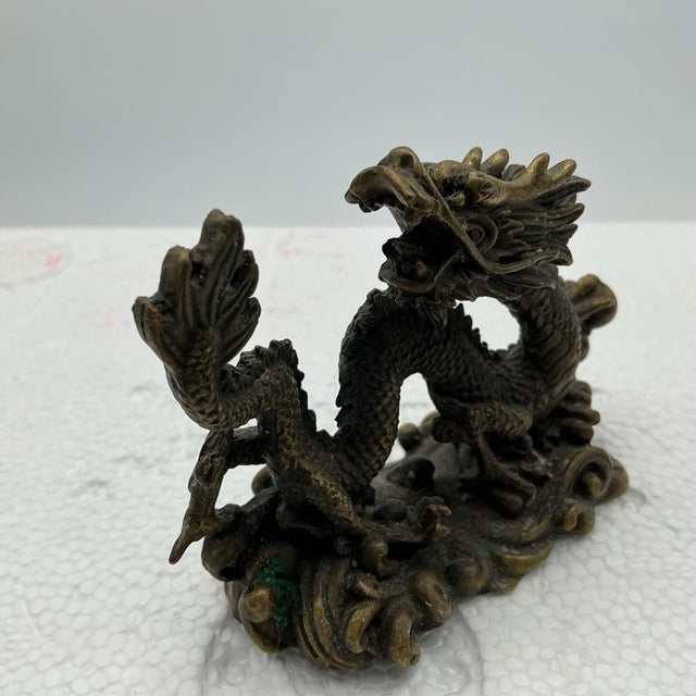 Vintage Chinese Bronze Dragon Sculpture on Waves 3” Detailed Asian Figurine For Sale - Image 6 of 6