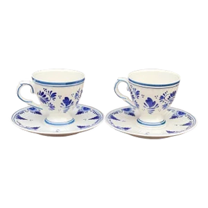 Vintage Hand Painted Delft Tea Cups & Saucers- 4 Pieces