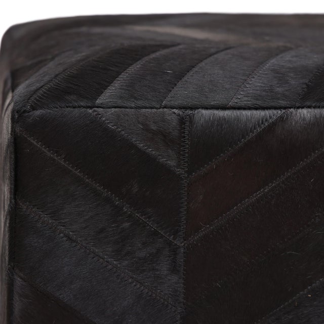 Animal Skin Handmade Black Cowhide Leather Ottoman Pouf 18x18x18 in Chevron Patchwork For Sale - Image 7 of 11